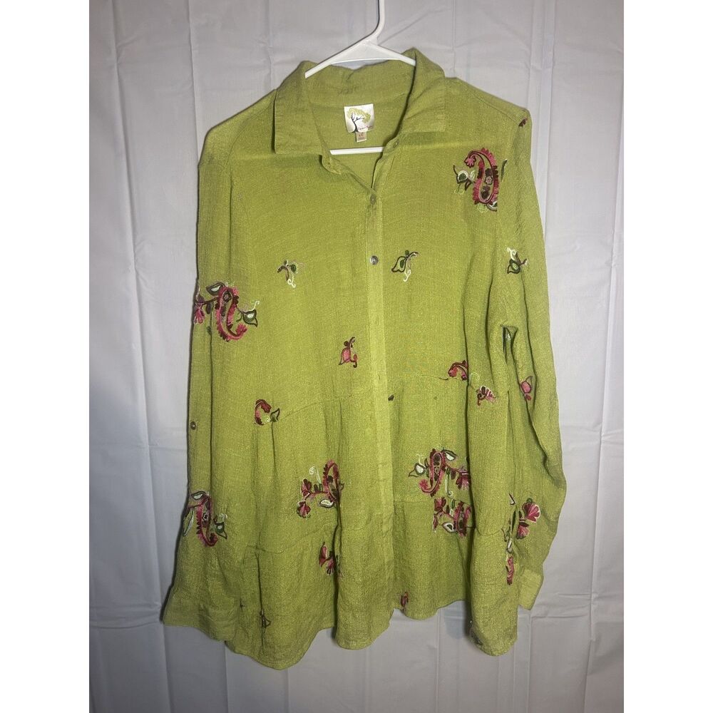 Fig & Flower Embroidered Floral Button Up Tunic Shirt Green XL Boho Roll Tab